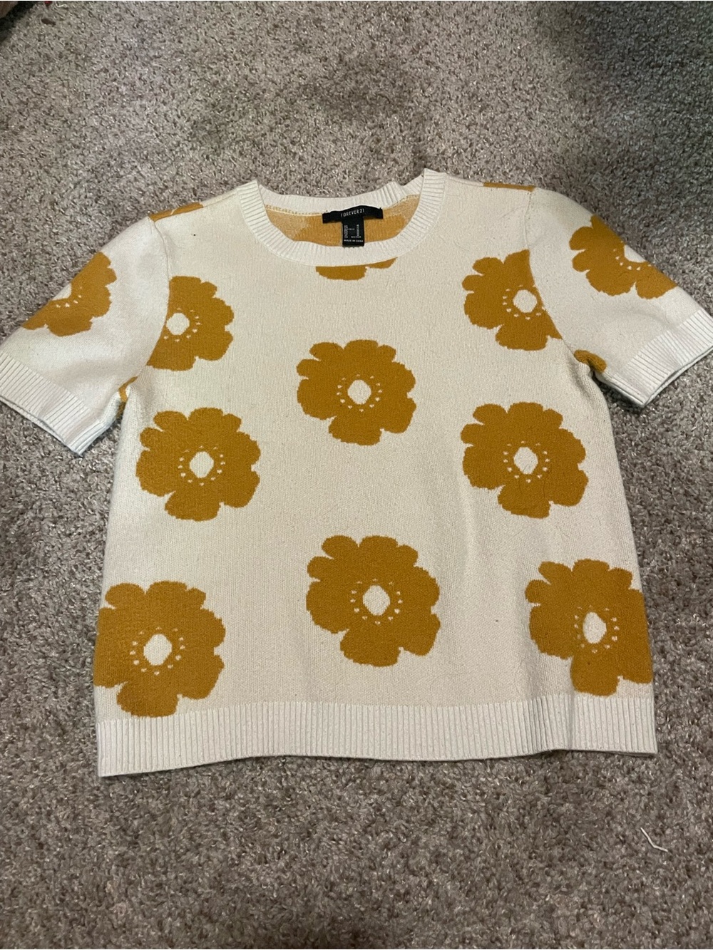 Forever 21 Cream and Mustard Floral Short Sleeve Sweater Top
